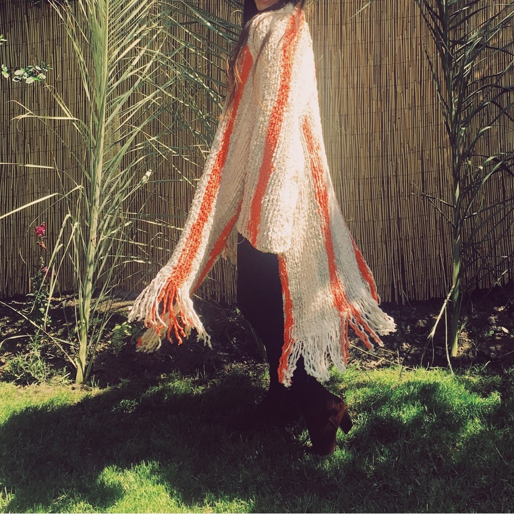 Free People Cream and Orange Fringe Knit Poncho